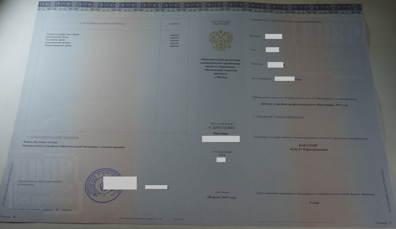 Приложение диплома бакалавра Московского открытого института 2019 года по направлению Юриспруденция