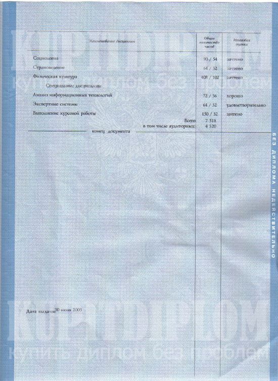 2 страница предметов из приложения диплома МГУ 2003 года для иностранца